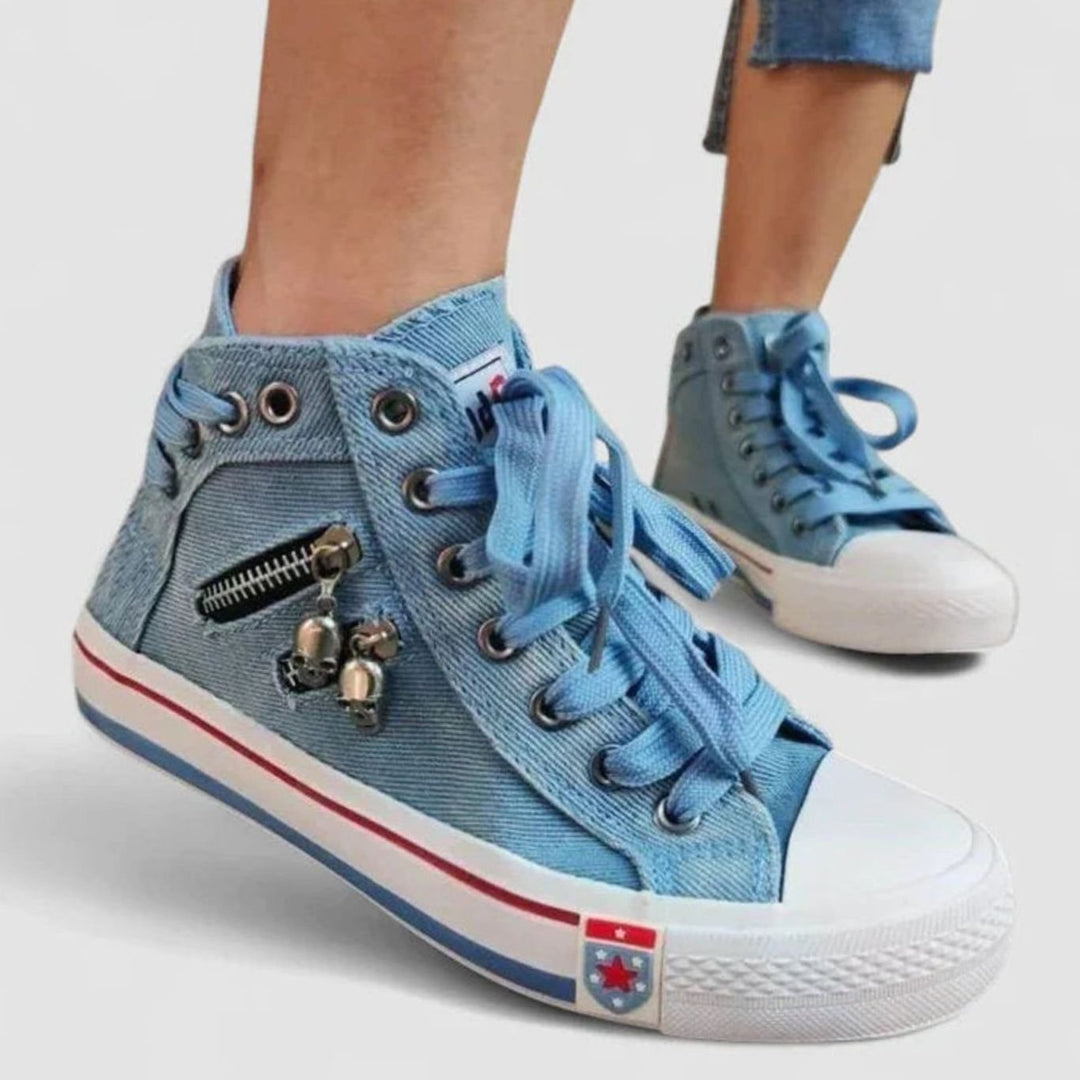 Women's Denim High-Top Lace-Up Skull Charm Sneakers