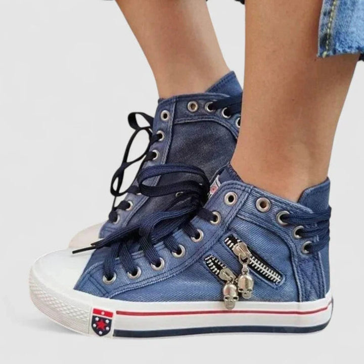 Women's Denim High-Top Lace-Up Skull Charm Sneakers - Navy Blue