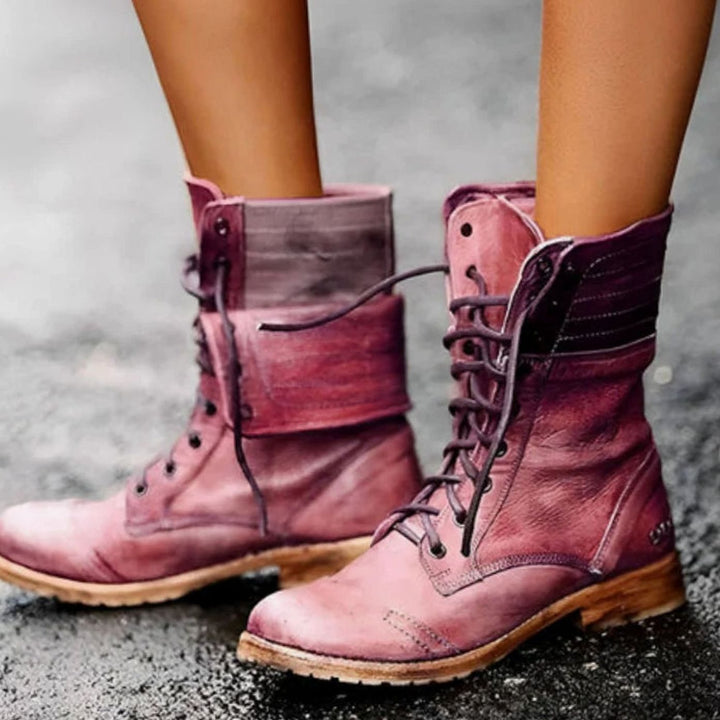 Women's Distressed Leather-Look Lace-Up Mid-Calf Combat Boots - Carmine Red