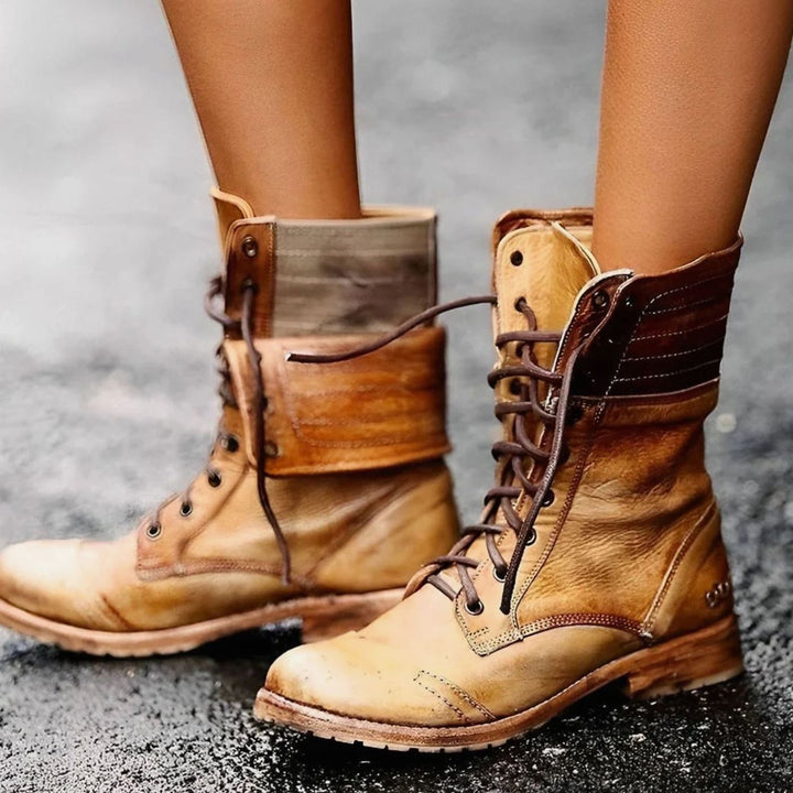Women's Distressed Leather-Look Lace-Up Mid-Calf Combat Boots - Khaki