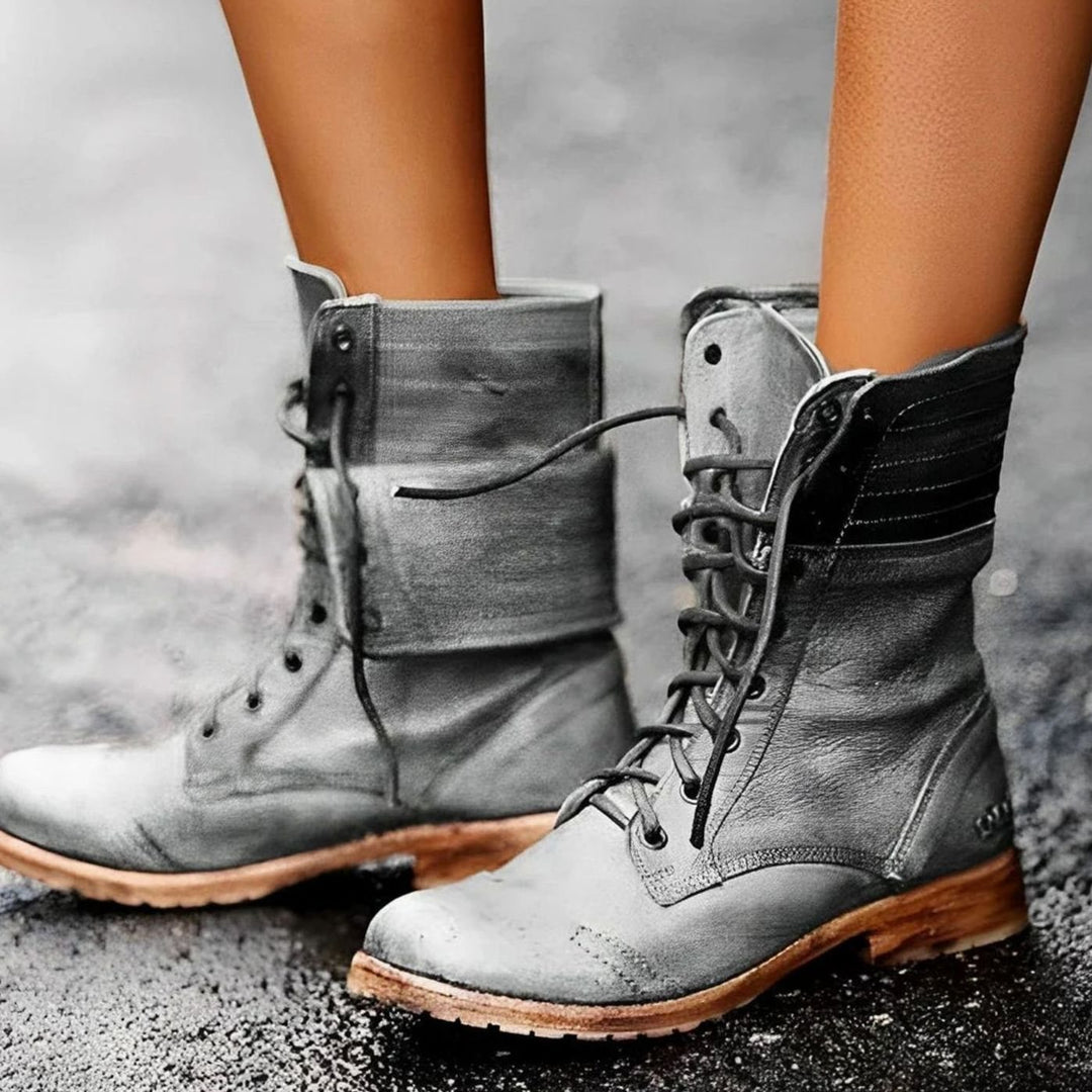 Women's Distressed Leather-Look Lace-Up Mid-Calf Combat Boots - Gray