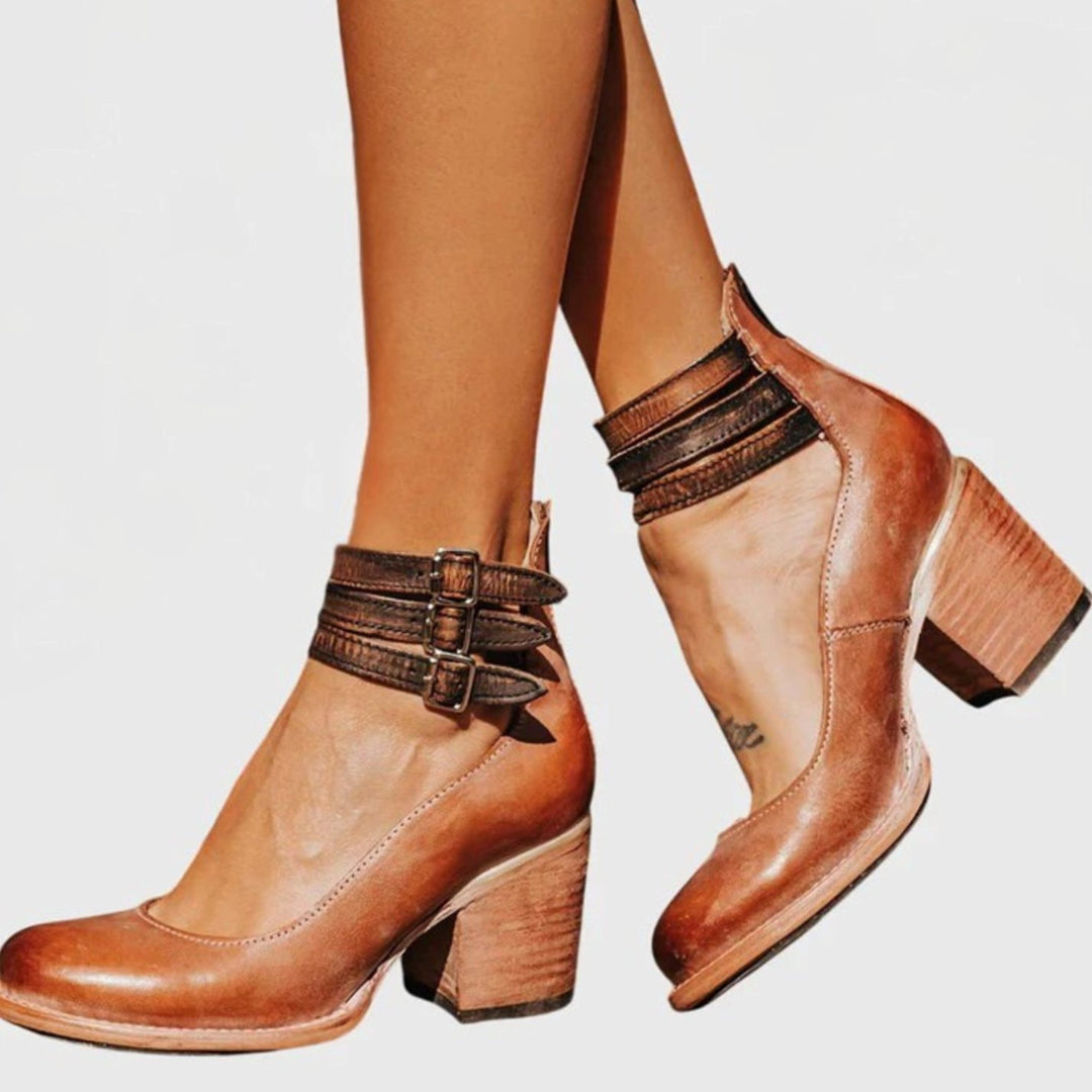 Women's Double-Buckle Ankle-Strap Block-Heel Leather Pumps