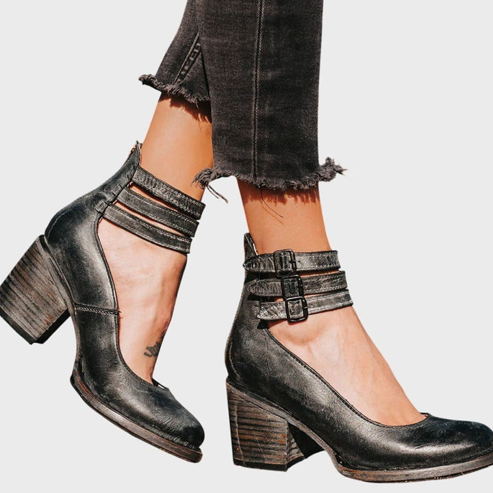 Women's Double-Buckle Ankle-Strap Block-Heel Leather Pumps - Black