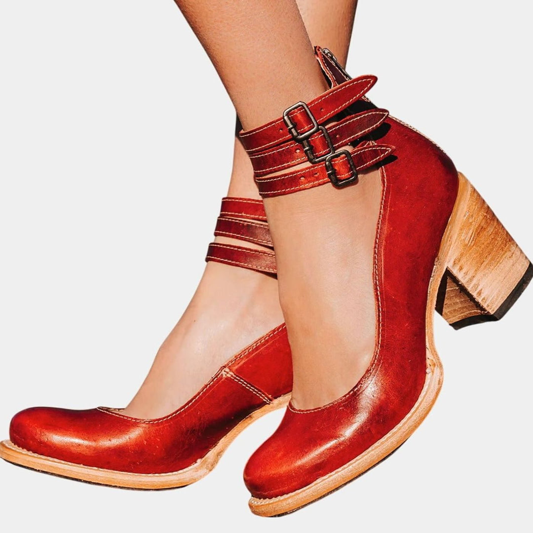 Women's Double-Buckle Ankle-Strap Block-Heel Leather Pumps - Red
