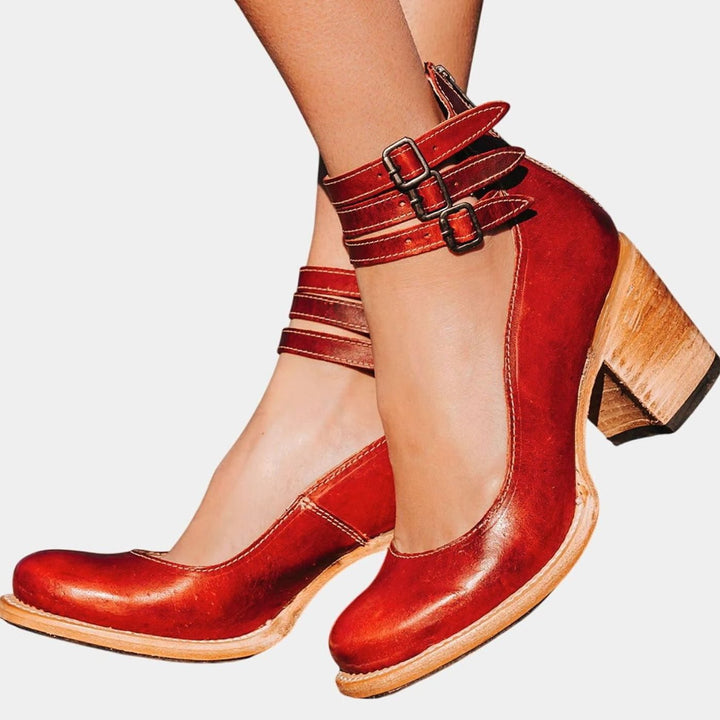 Women's Double-Buckle Ankle-Strap Block-Heel Leather Pumps - Red