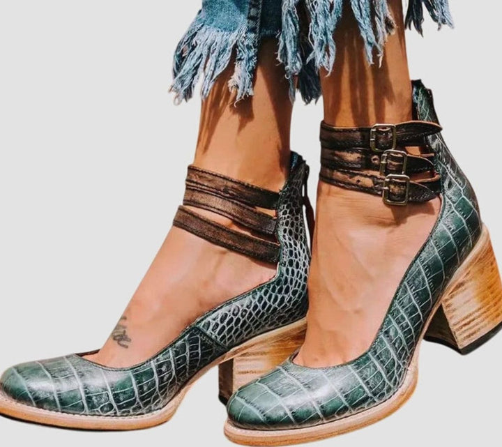 Women's Double-Buckle Ankle-Strap Block-Heel Leather Pumps - Green Snakeskin