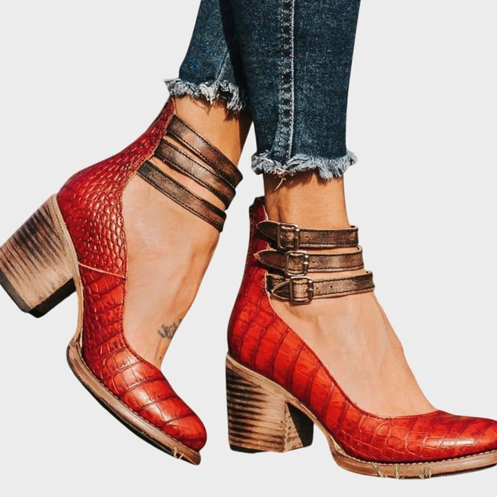Women's Double-Buckle Ankle-Strap Block-Heel Leather Pumps - Red Snakeskin