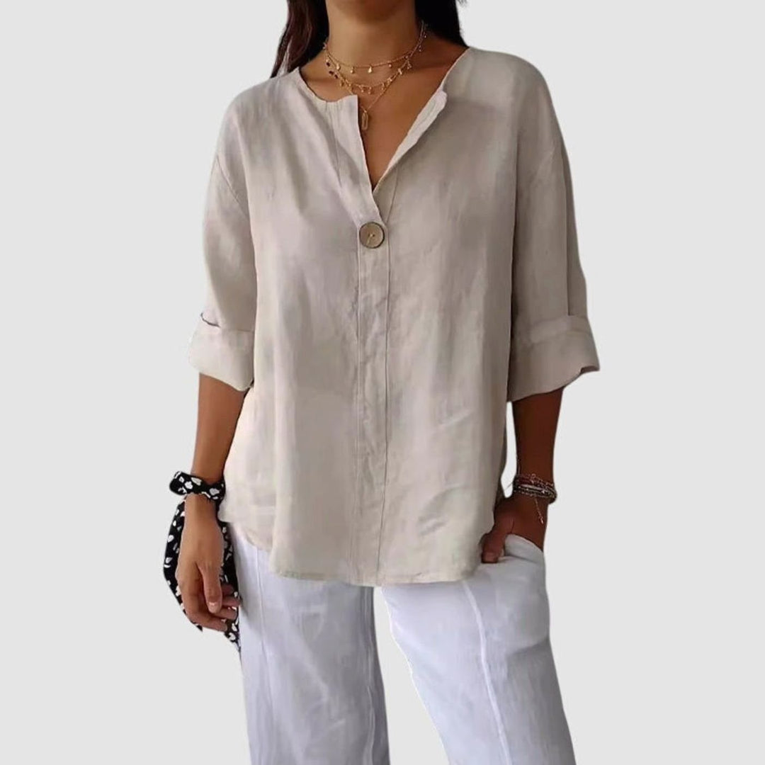 Women's Elegant Blouse Relaxed V-Neck Single-Button Linen Top - Beige