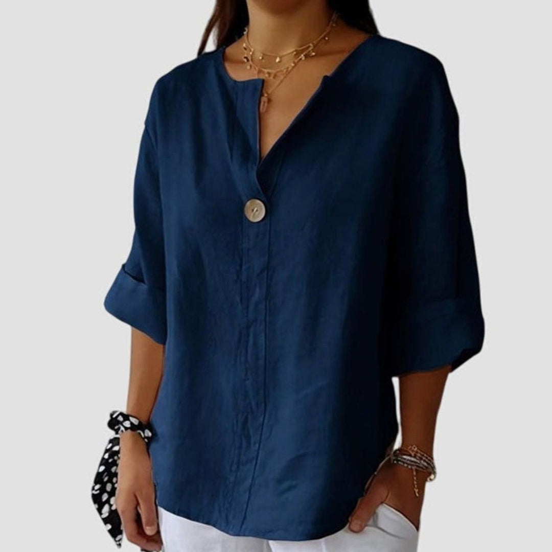 Women's Elegant Blouse Relaxed V-Neck Single-Button Linen Top - Blue
