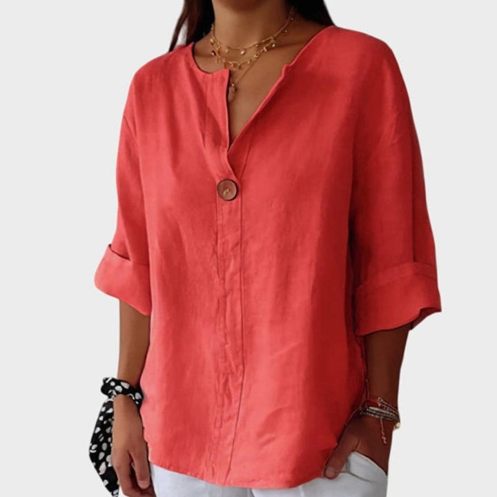 Women's Elegant Blouse Relaxed V-Neck Single-Button Linen Top - Red
