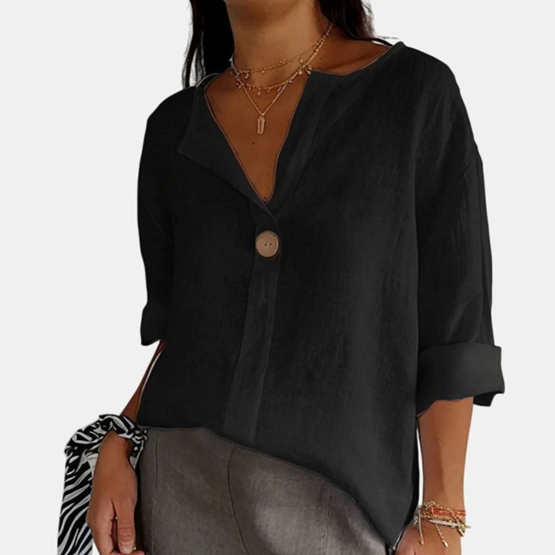 Women's Elegant Blouse Relaxed V-Neck Single-Button Linen Top - Black