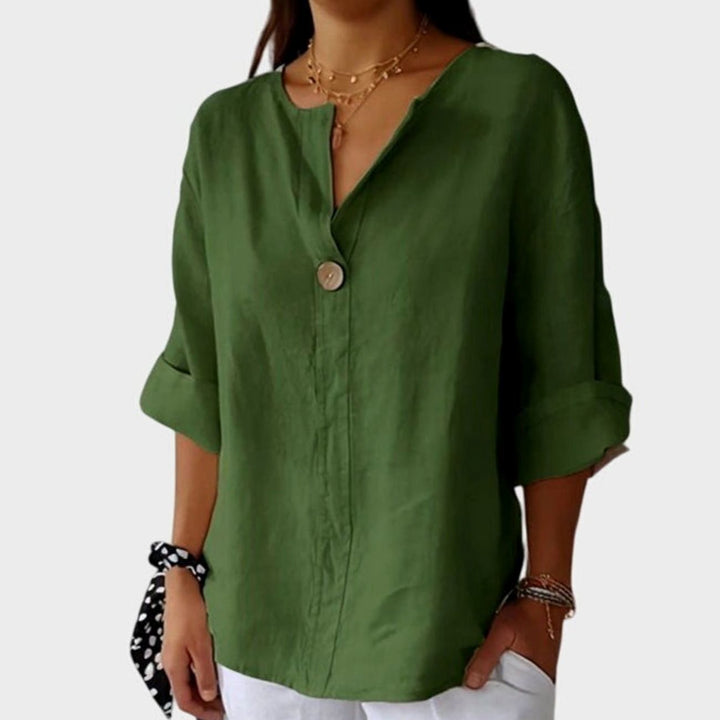 Women's Elegant Blouse Relaxed V-Neck Single-Button Linen Top - Green