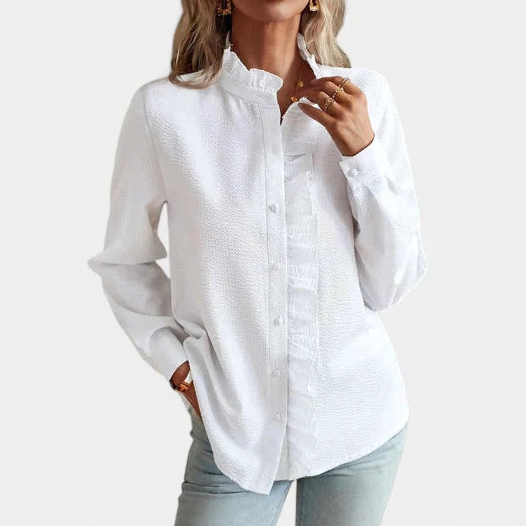 Women's Elegant Blouse Ruffled Button-Front Long-Sleeve Top - White