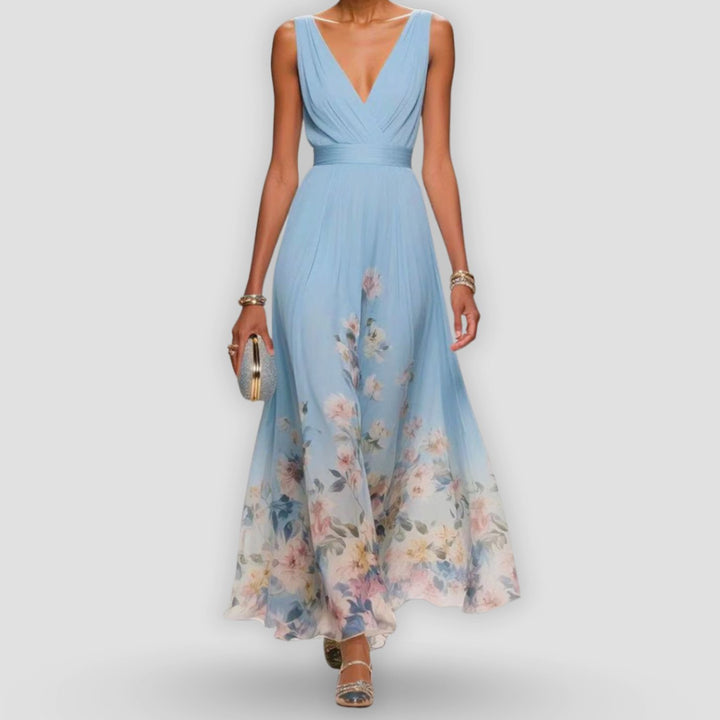 Women's Elegant Floral Ombre V-Neck Sleeveless Maxi Dress - Light Blue