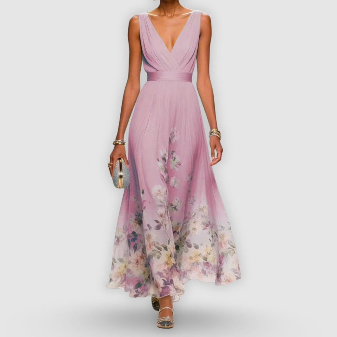 Women's Elegant Floral Ombre V-Neck Sleeveless Maxi Dress - Pink