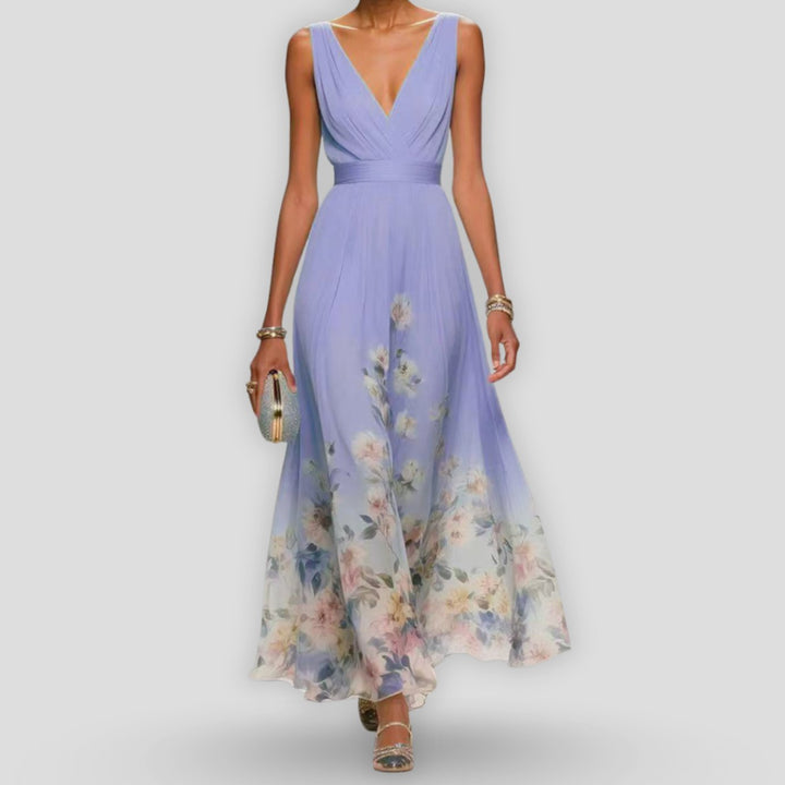 Women's Elegant Floral Ombre V-Neck Sleeveless Maxi Dress - Purple