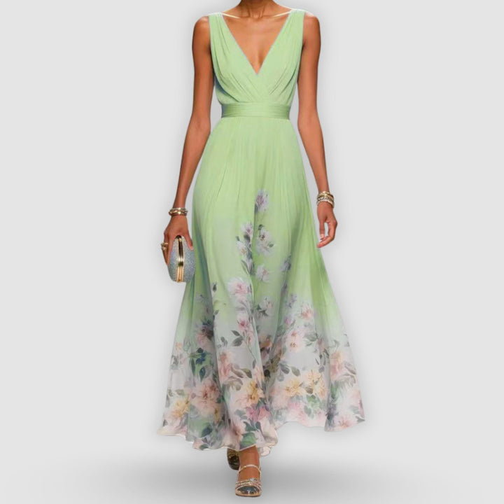 Women's Elegant Floral Ombre V-Neck Sleeveless Maxi Dress - Mint Green