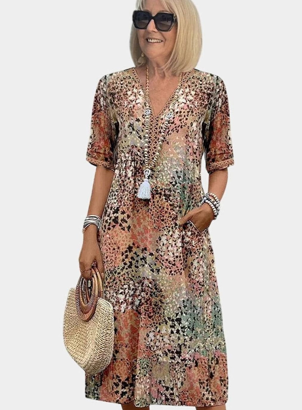 Women's Elegant Floral V-Neck Short-Sleeve Midi Dress - Sandy Beige