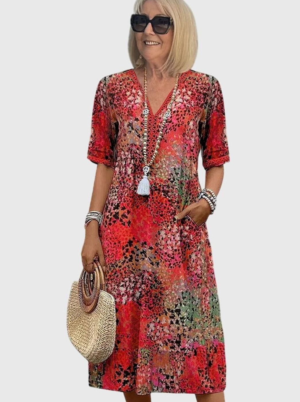 Women's Elegant Floral V-Neck Short-Sleeve Midi Dress - Scarlet Red