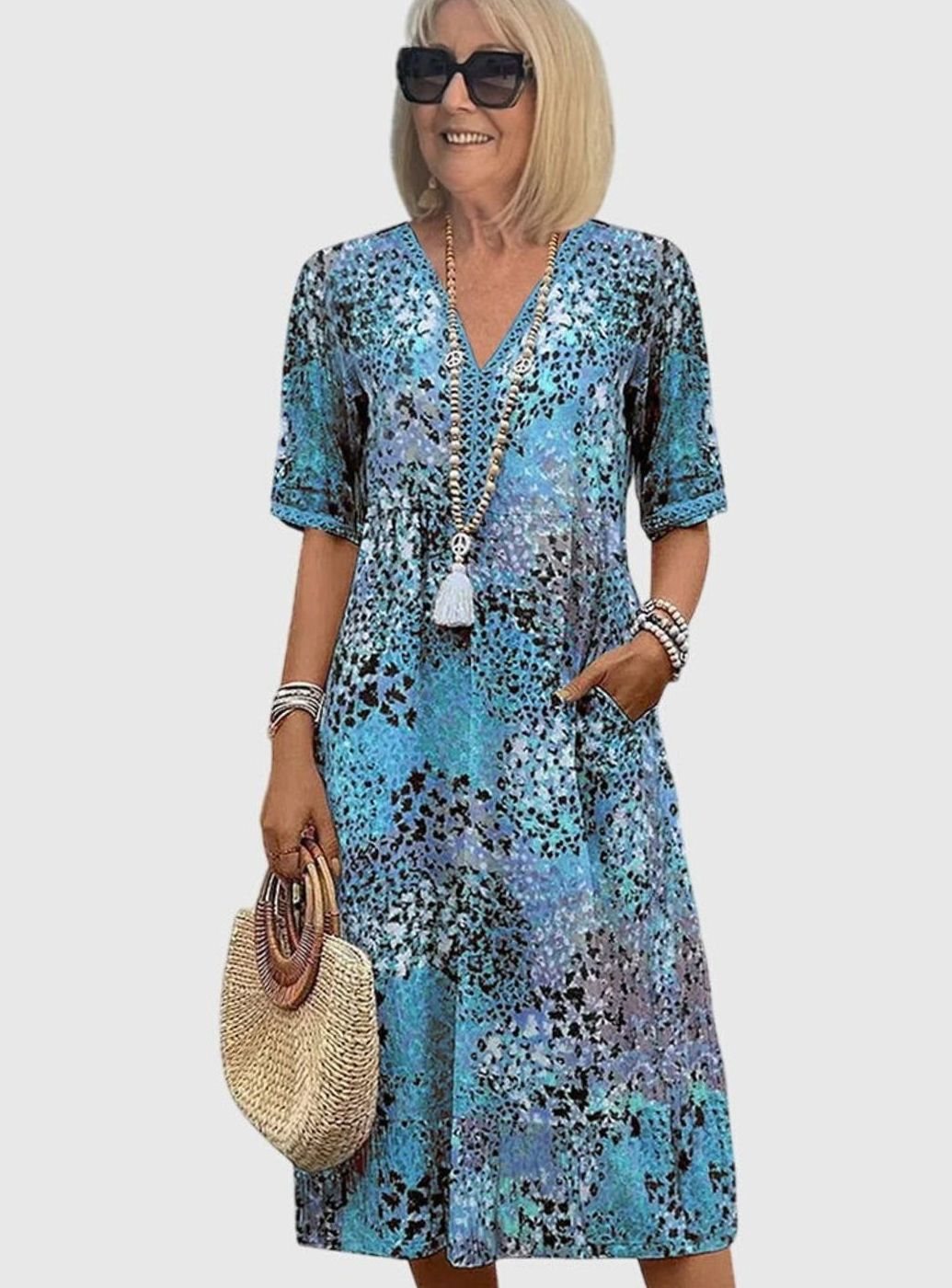 Women's Elegant Floral V-Neck Short-Sleeve Midi Dress - Ocean Blue