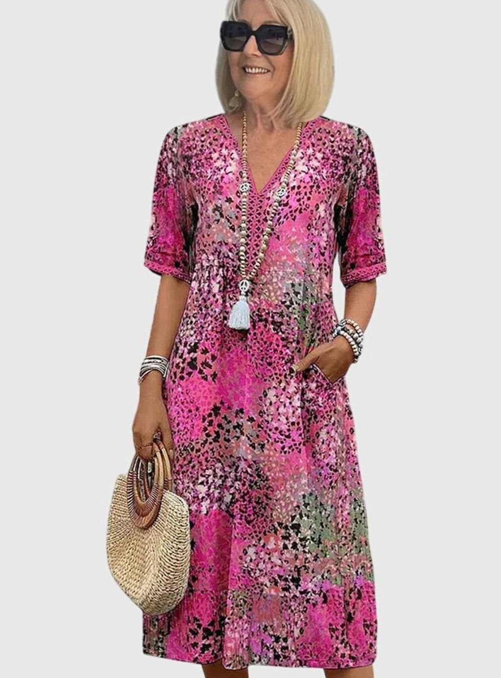 Women's Elegant Floral V-Neck Short-Sleeve Midi Dress - Blush Pink