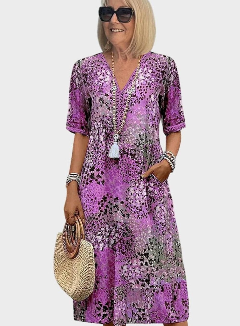 Women's Elegant Floral V-Neck Short-Sleeve Midi Dress - Lavender Purple