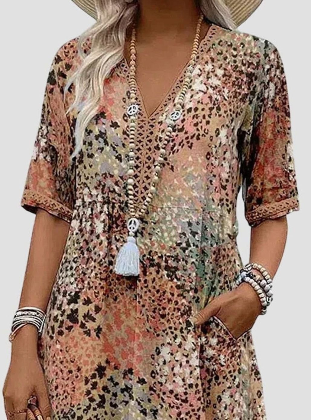 Women's Elegant Floral V-Neck Short-Sleeve Midi Dress