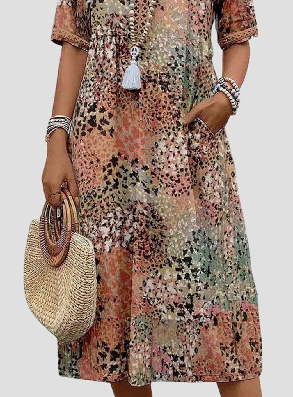 Women's Elegant Floral V-Neck Short-Sleeve Midi Dress