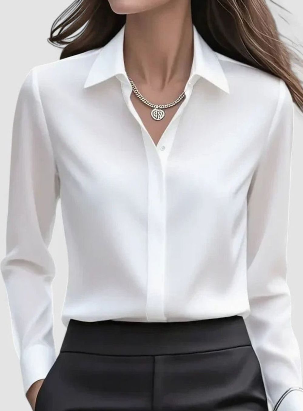 Women's Elegant Long-Sleeve Hidden-Button Collared Blouse - White