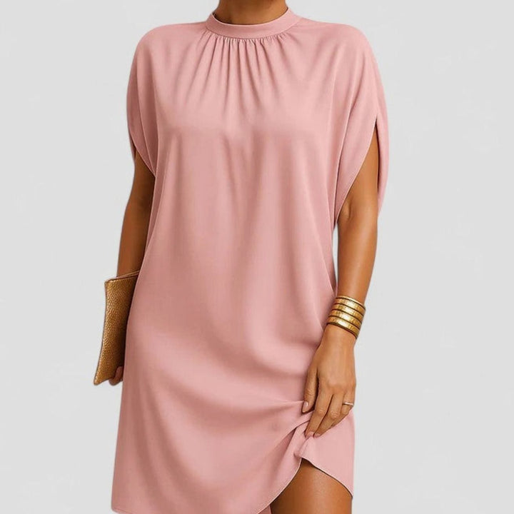 Women's Elegant Mock-Neck Ruched Split-Sleeve Midi Dress - Pink