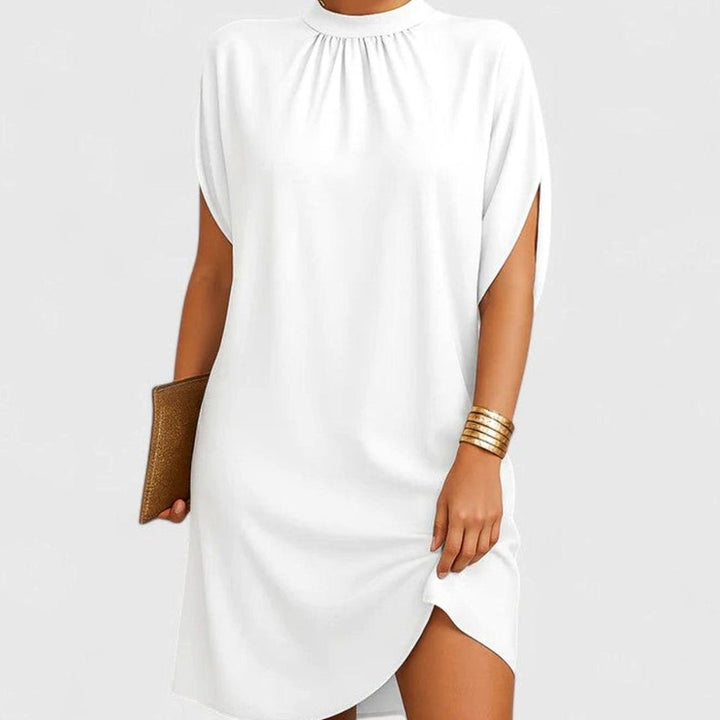Women's Elegant Mock-Neck Ruched Split-Sleeve Midi Dress - White