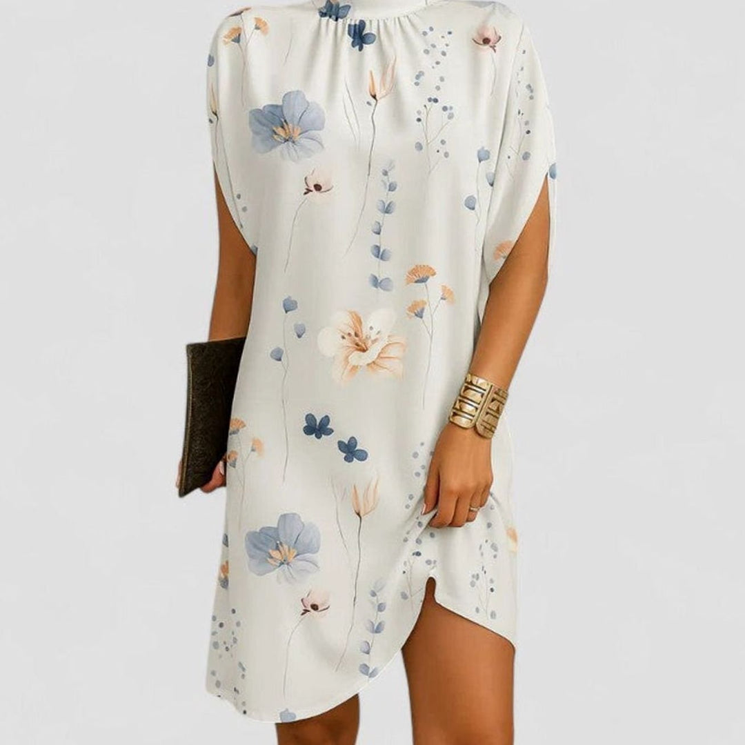 Women's Elegant Mock-Neck Ruched Split-Sleeve Midi Dress - White Floral