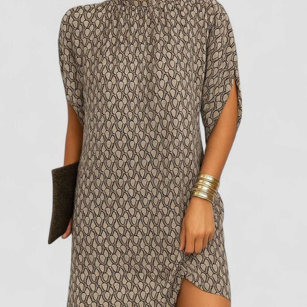 Women's Elegant Mock-Neck Ruched Split-Sleeve Midi Dress - Beige Pattern