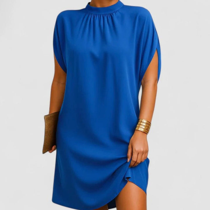 Women's Elegant Mock-Neck Ruched Split-Sleeve Midi Dress - Blue