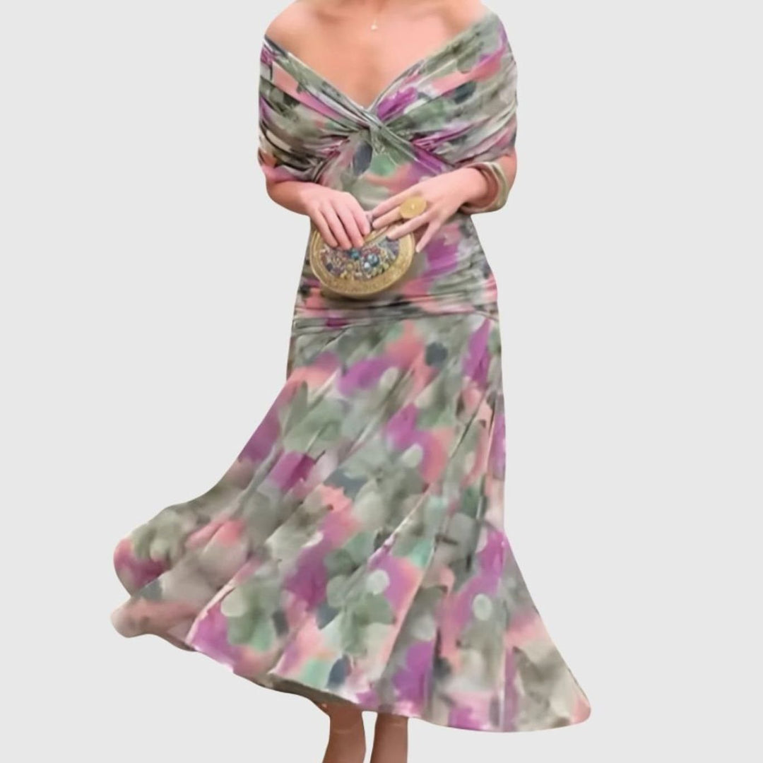 Women's Elegant Off-Shoulder Ruched Floral Midi Dress