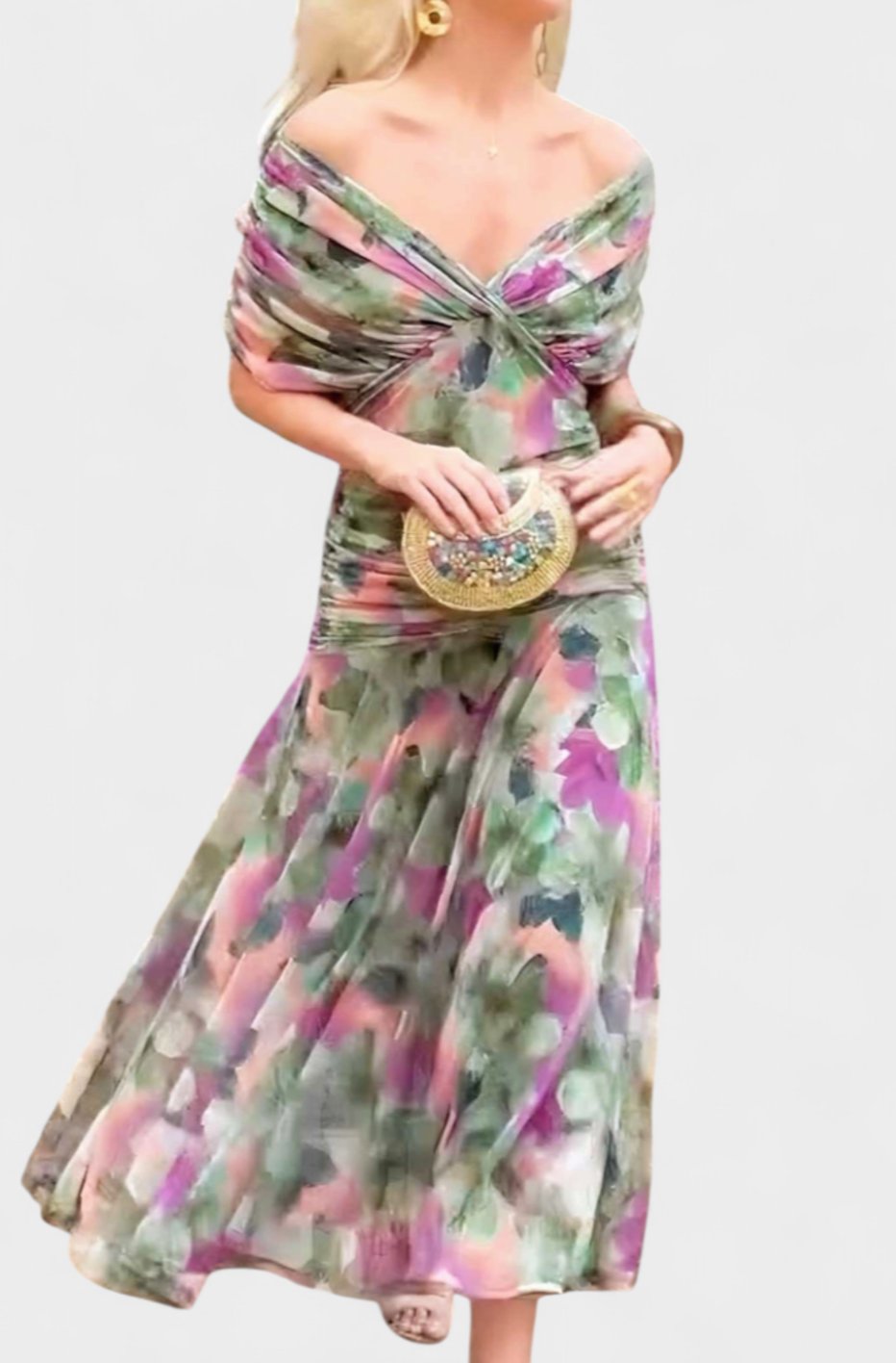 Women's Elegant Off-Shoulder Ruched Floral Midi Dress