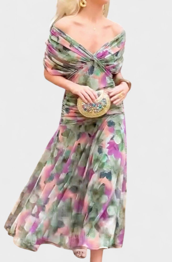 Women's Elegant Off-Shoulder Ruched Floral Midi Dress