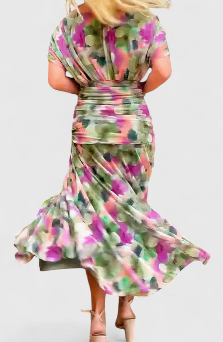 Women's Elegant Off-Shoulder Ruched Floral Midi Dress