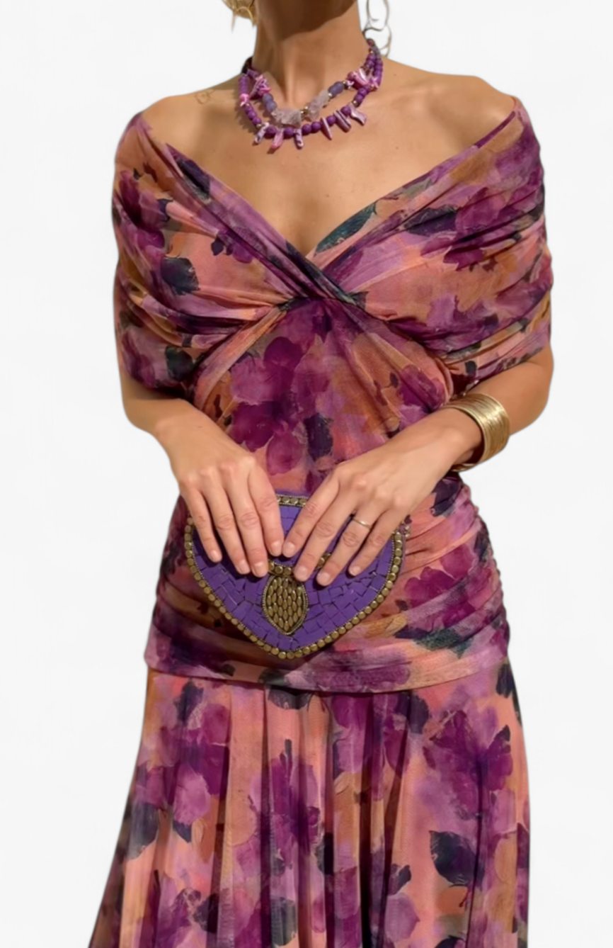 Women's Elegant Off-Shoulder Ruched Floral Midi Dress - Purple
