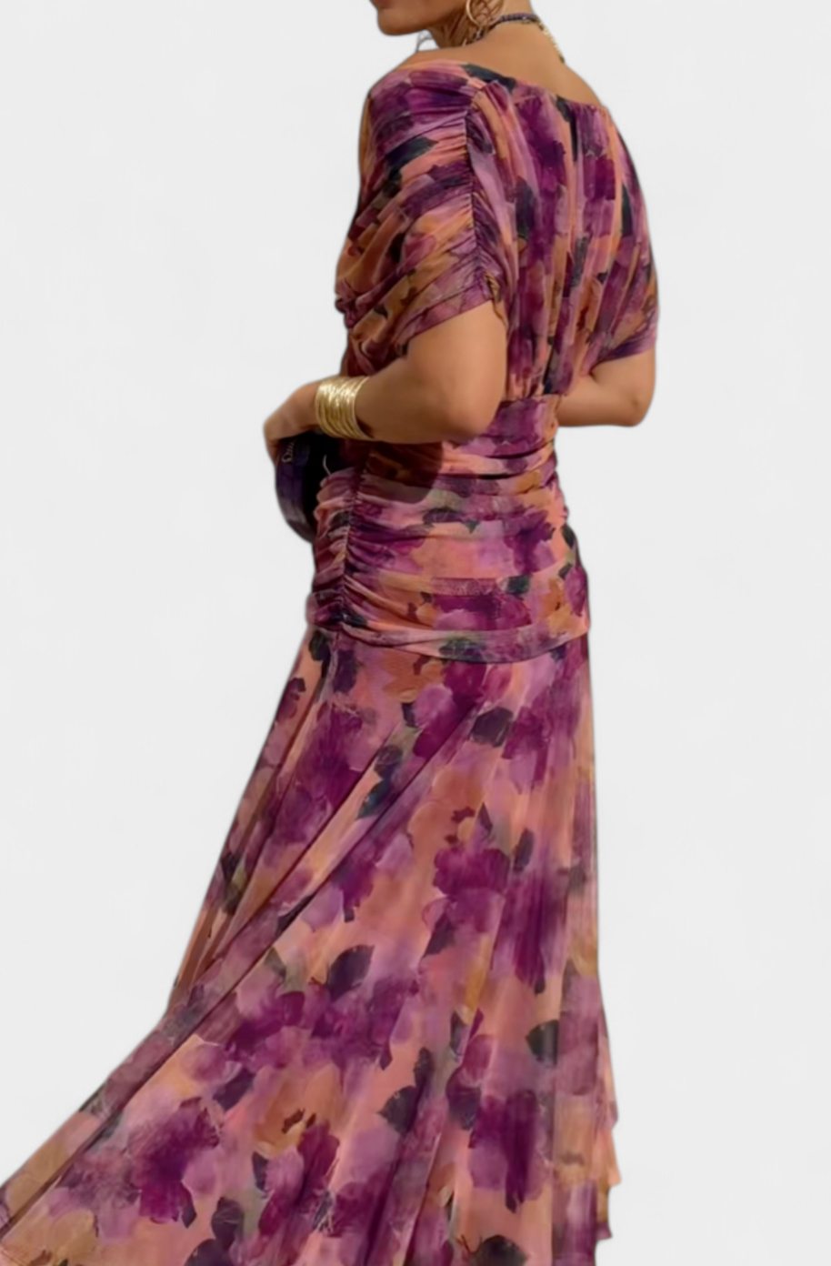 Women's Elegant Off-Shoulder Ruched Floral Midi Dress