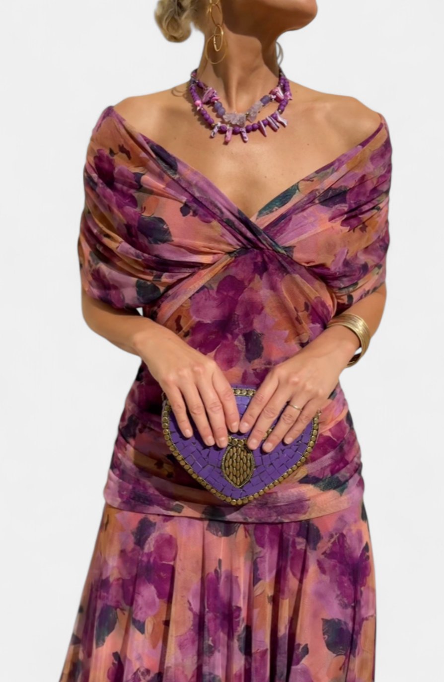 Women's Elegant Off-Shoulder Ruched Floral Midi Dress