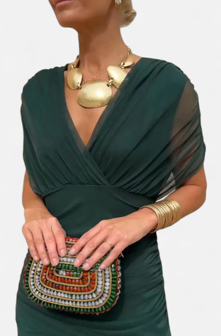 Women's Elegant Off-Shoulder Ruched Floral Midi Dress - Green