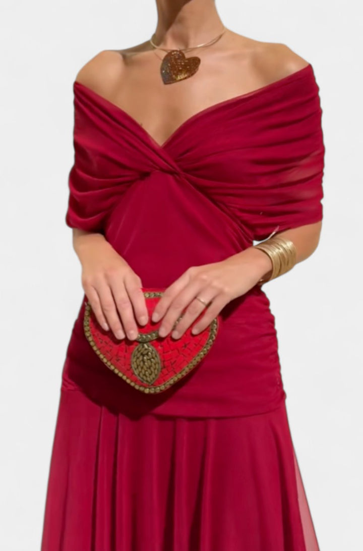 Women's Elegant Off-Shoulder Ruched Floral Midi Dress - Red