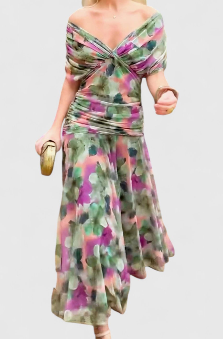 Women's Elegant Off-Shoulder Ruched Floral Midi Dress