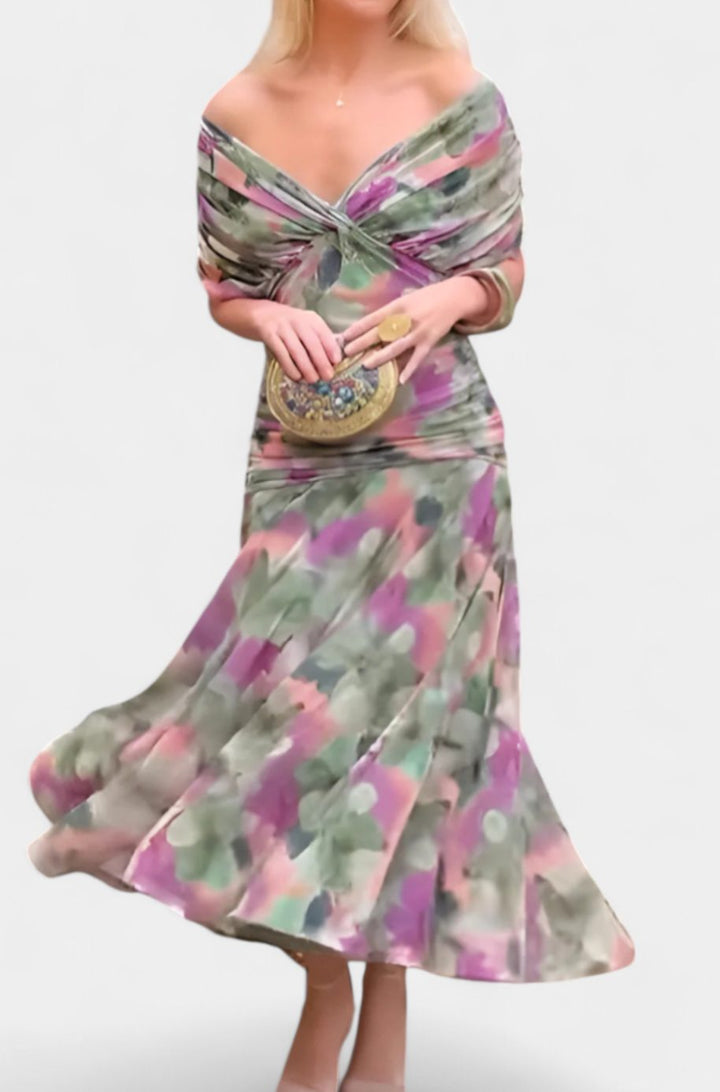 Women's Elegant Off-Shoulder Ruched Floral Midi Dress - Green and Purple