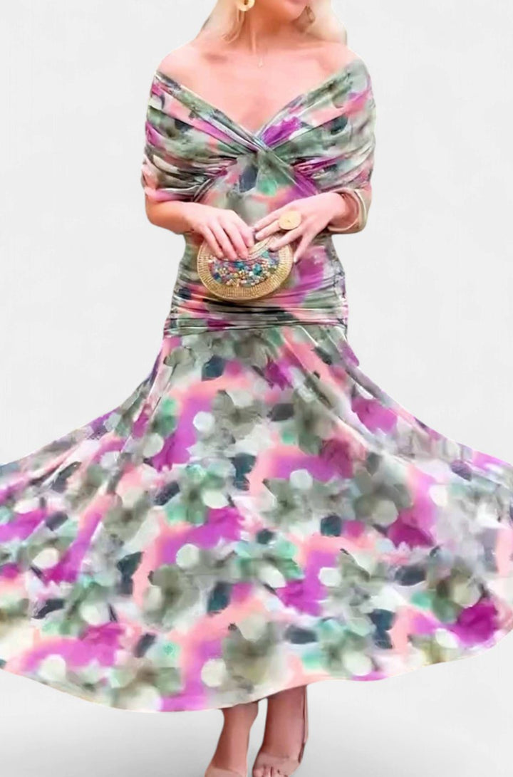 Women's Elegant Off-Shoulder Ruched Floral Midi Dress