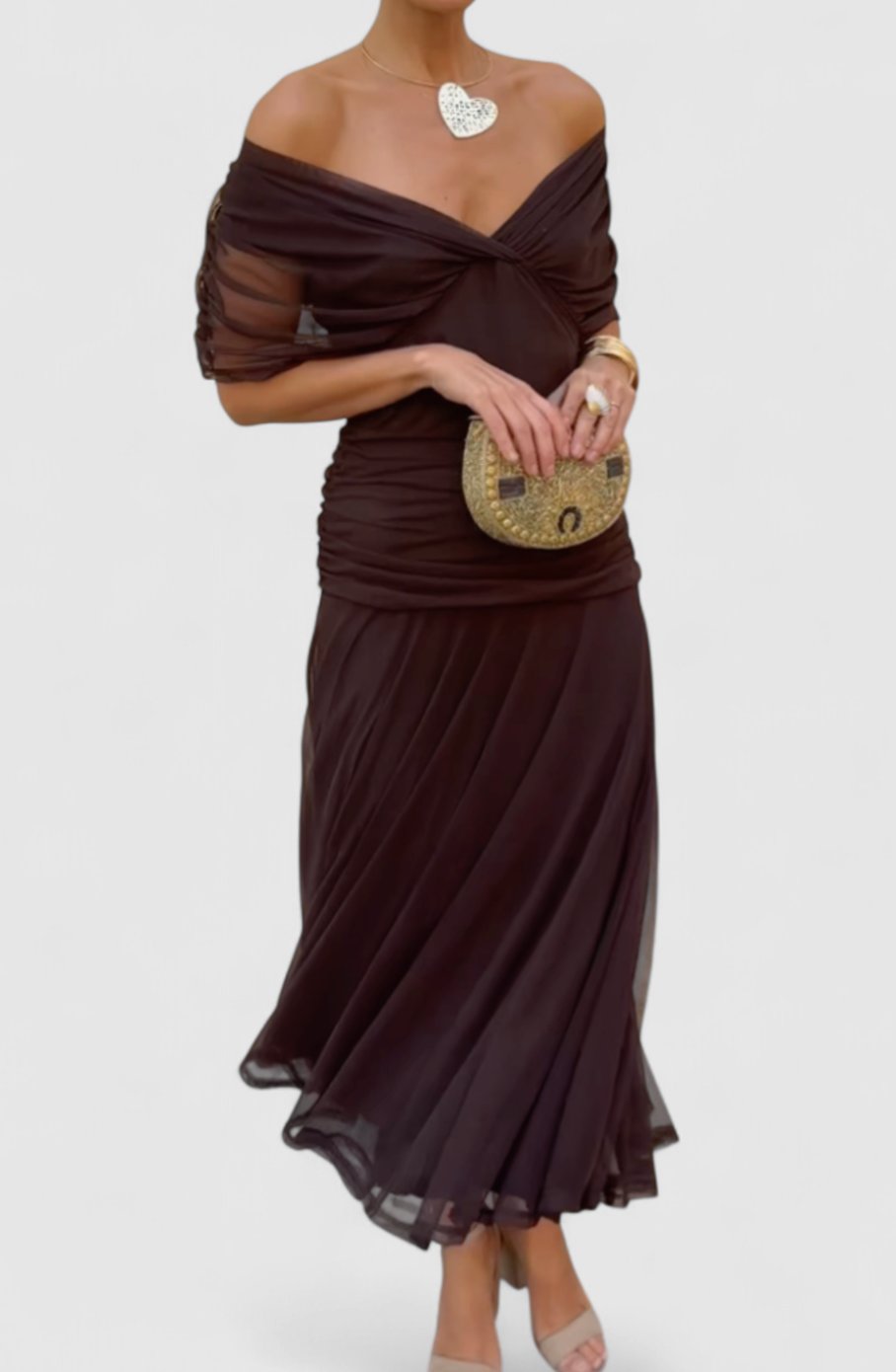 Women's Elegant Off-Shoulder Ruched Floral Midi Dress