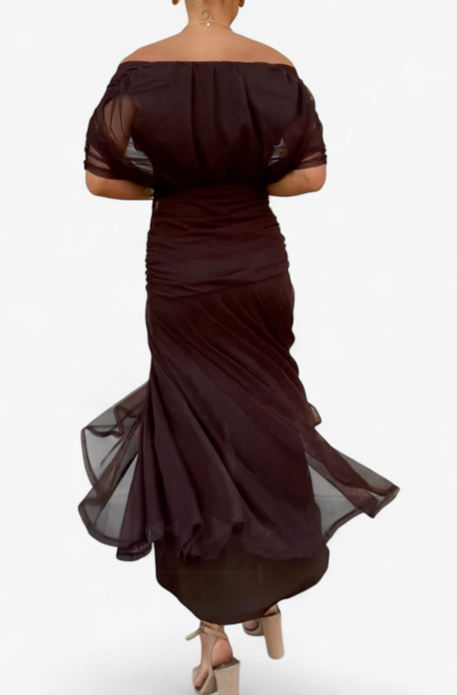 Women's Elegant Off-Shoulder Ruched Floral Midi Dress