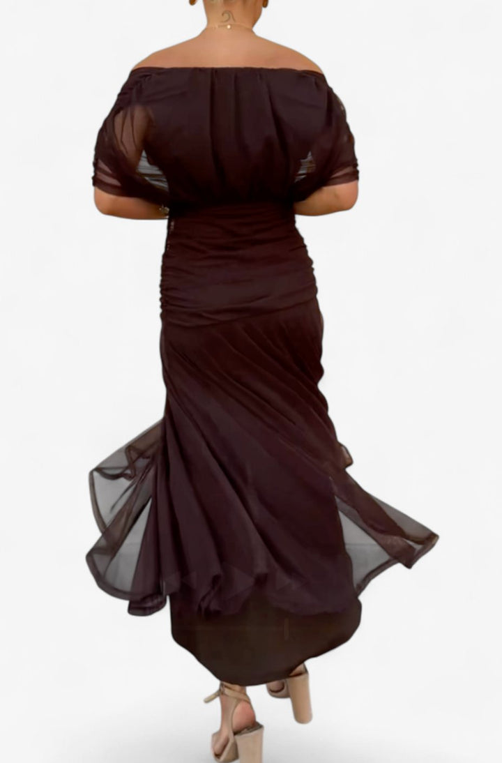 Women's Elegant Off-Shoulder Ruched Floral Midi Dress