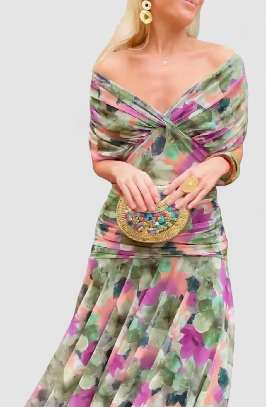 Women's Elegant Off-Shoulder Ruched Floral Midi Dress